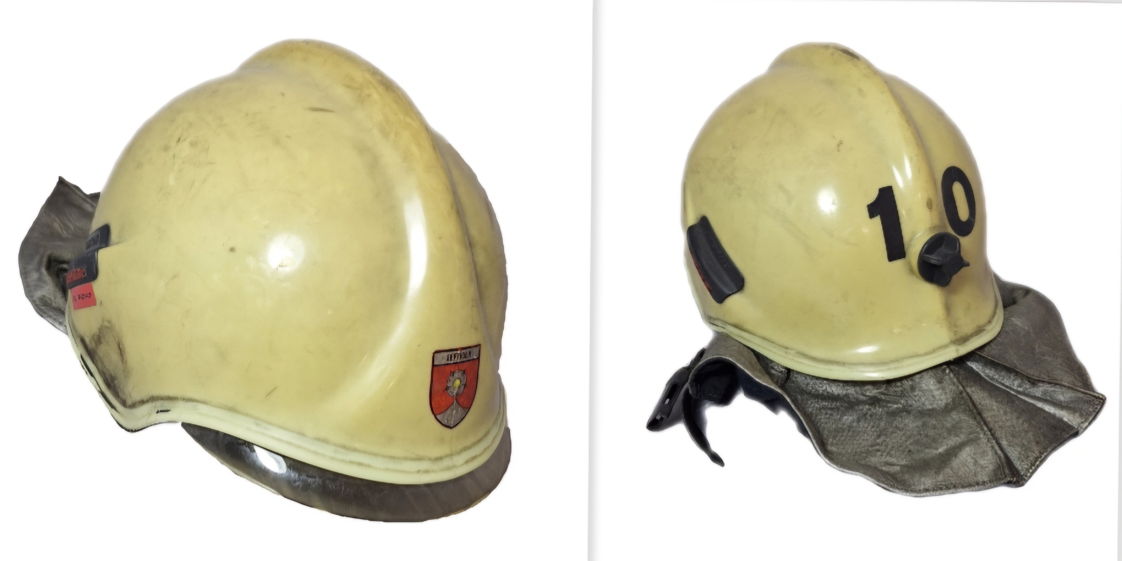 ~119 Feuerwehrhelm Schweiz CH Gemeinde Seftigen beige No. 10 Rosenbauer Helm