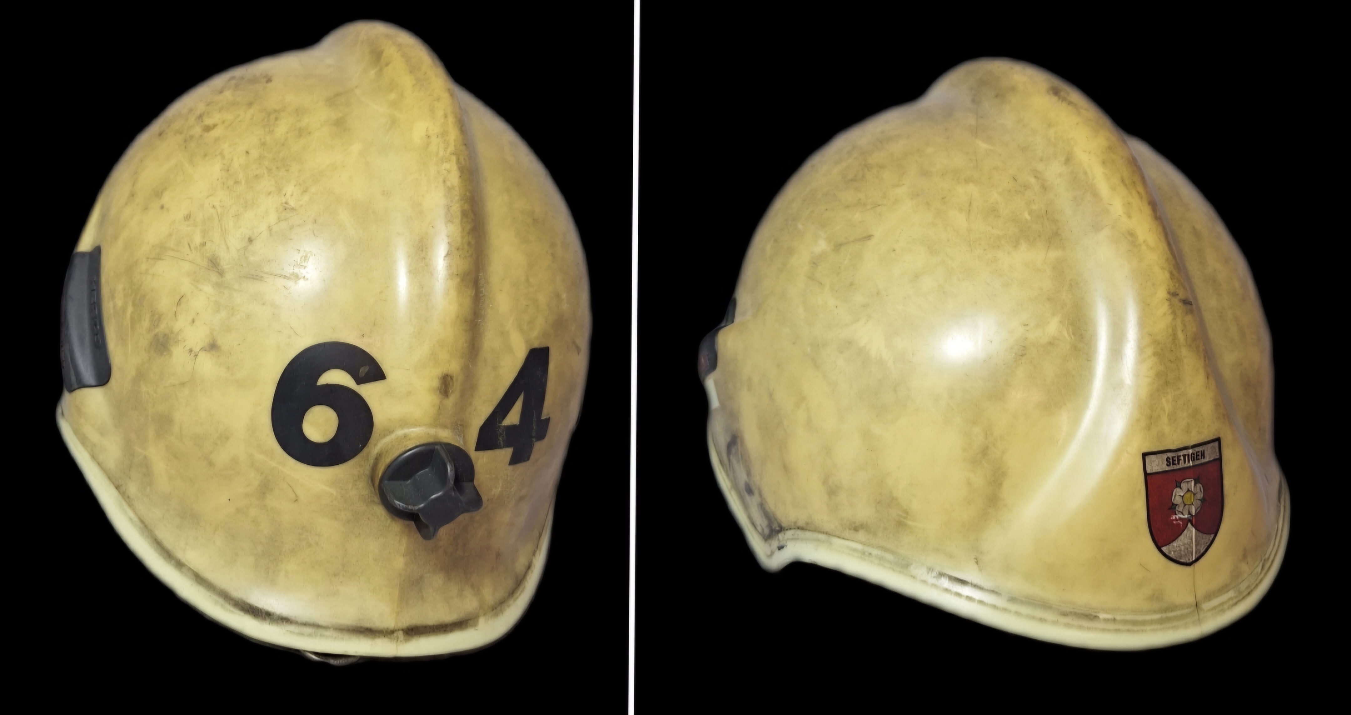 ~123 Feuerwehrhelm Schweiz CH Gemeinde Seftigen beige No. 64 Rosenbauer Helm