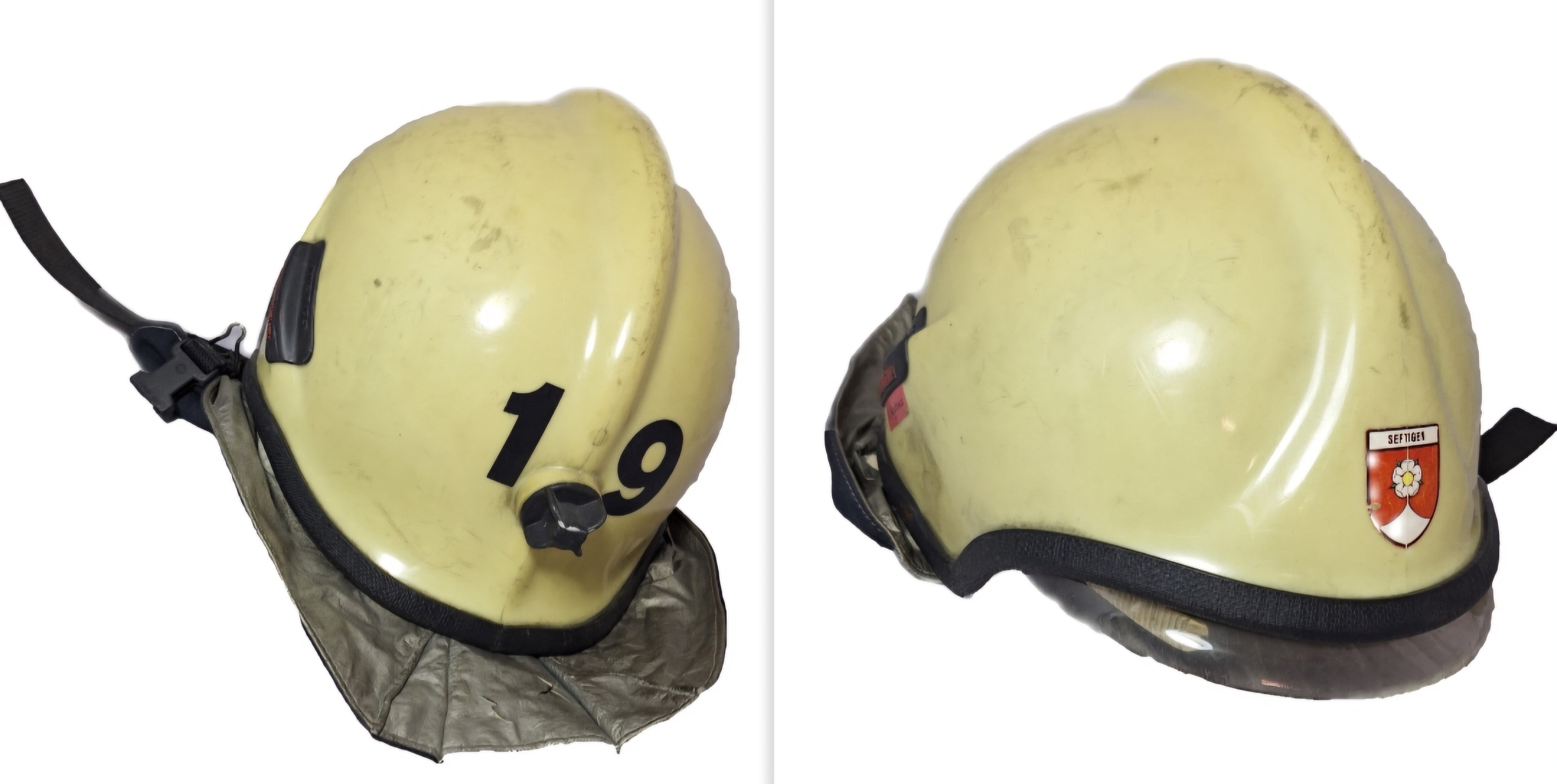 ~120 Feuerwehrhelm Schweiz CH Gemeinde Seftigen beige No. 19 Rosenbauer Helm