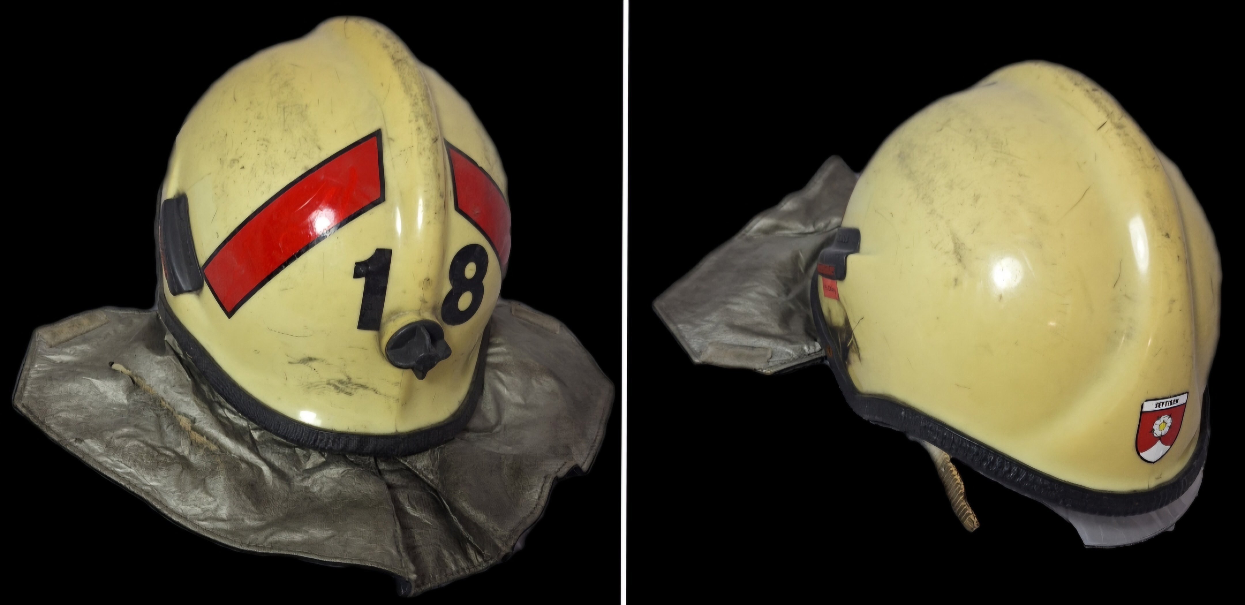 ~122 Feuerwehrhelm Schweiz CH Gemeinde Seftigen beige No. 18 Rosenbauer Helm