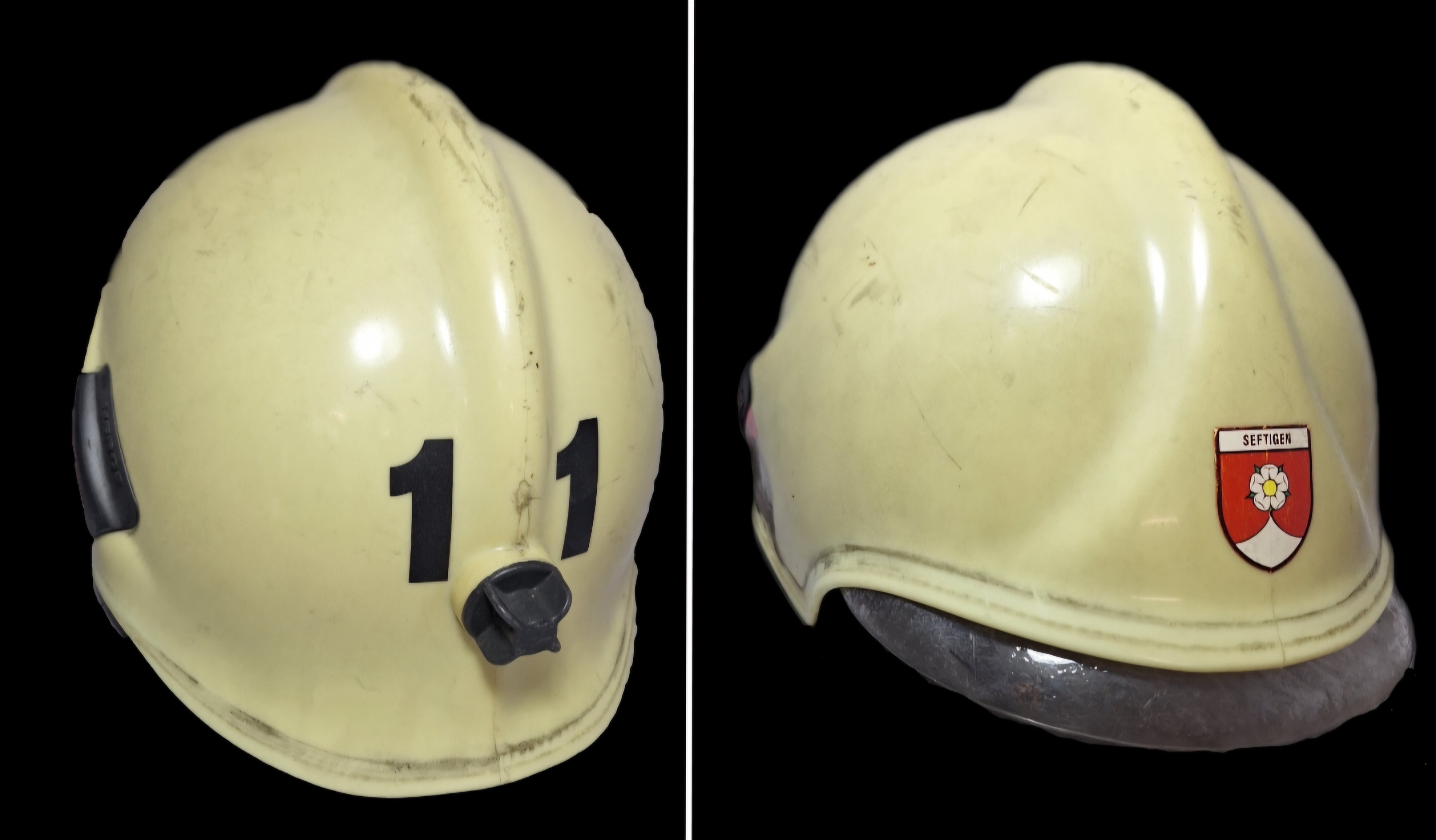 ~124 Feuerwehrhelm Schweiz CH Gemeinde Seftigen beige No. 11 Rosenbauer Helm