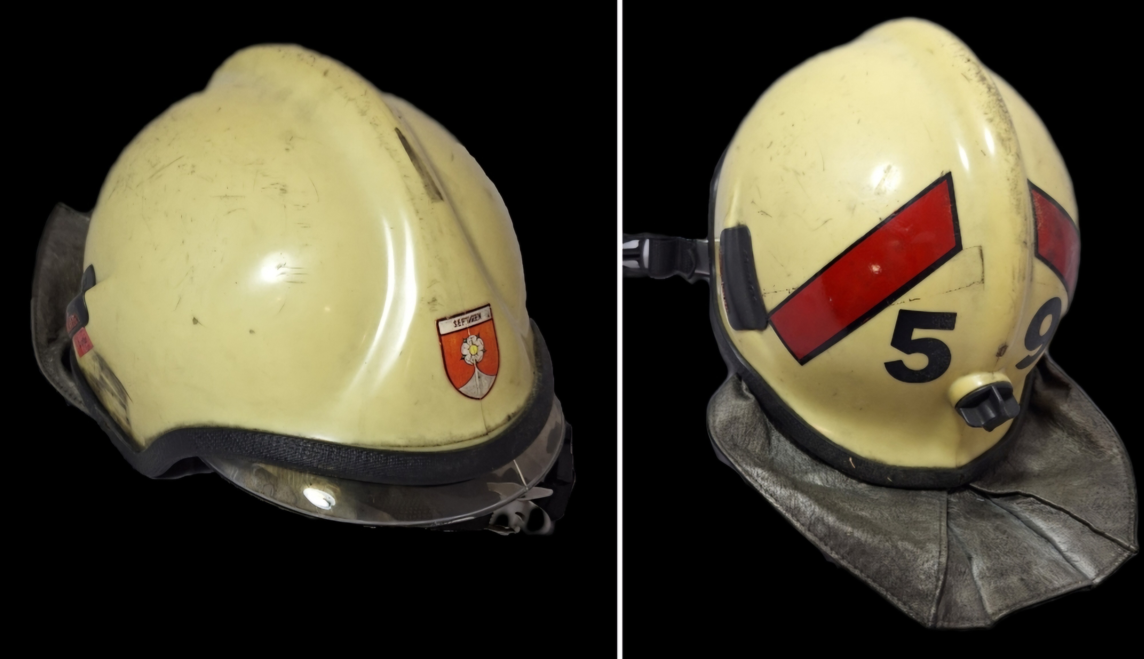 ~118 Feuerwehrhelm Schweiz CH Gemeinde Seftigen beige No. 59 Rosenbauer Helm